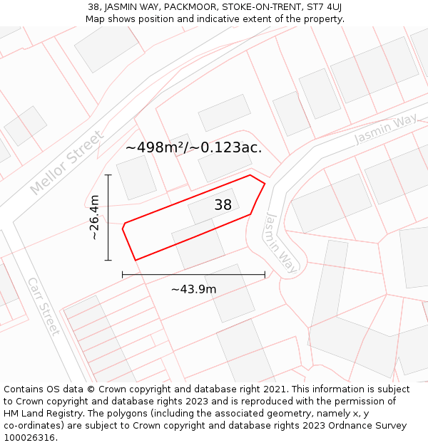 38, JASMIN WAY, PACKMOOR, STOKE-ON-TRENT, ST7 4UJ: Plot and title map