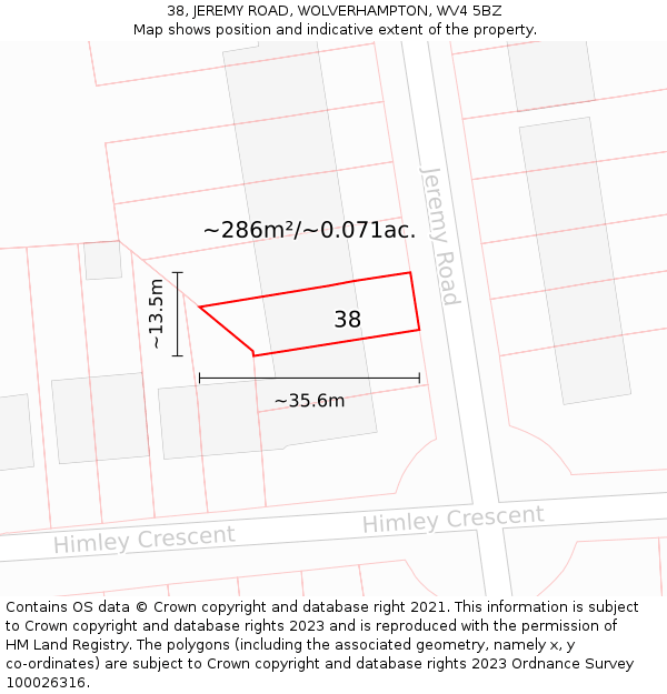 38, JEREMY ROAD, WOLVERHAMPTON, WV4 5BZ: Plot and title map