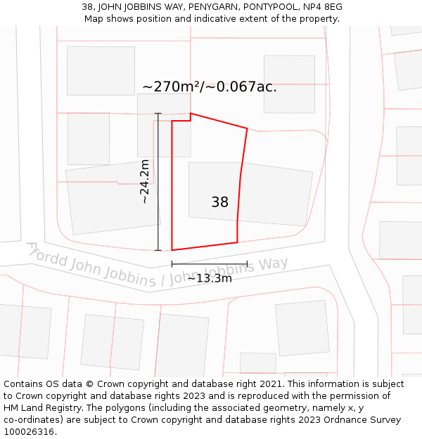 38, JOHN JOBBINS WAY, PENYGARN, PONTYPOOL, NP4 8EG: Plot and title map