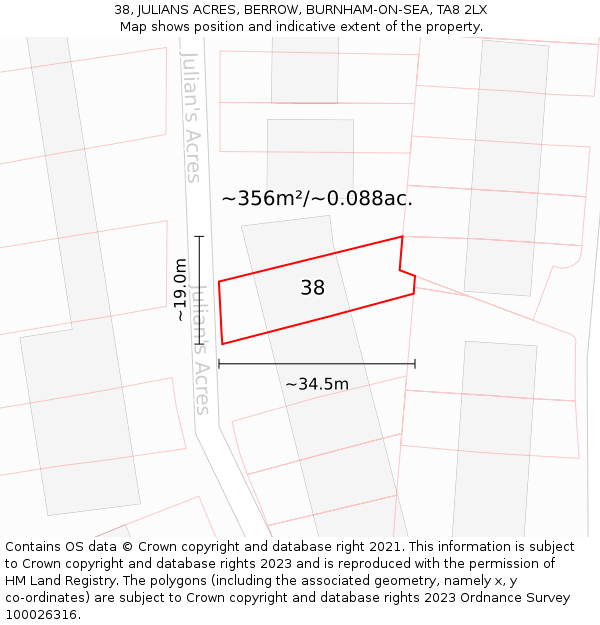38, JULIANS ACRES, BERROW, BURNHAM-ON-SEA, TA8 2LX: Plot and title map
