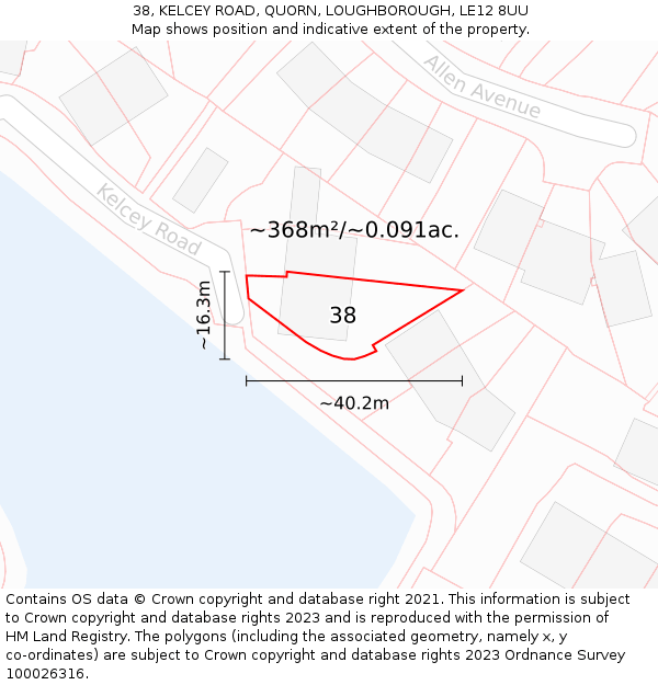 38, KELCEY ROAD, QUORN, LOUGHBOROUGH, LE12 8UU: Plot and title map