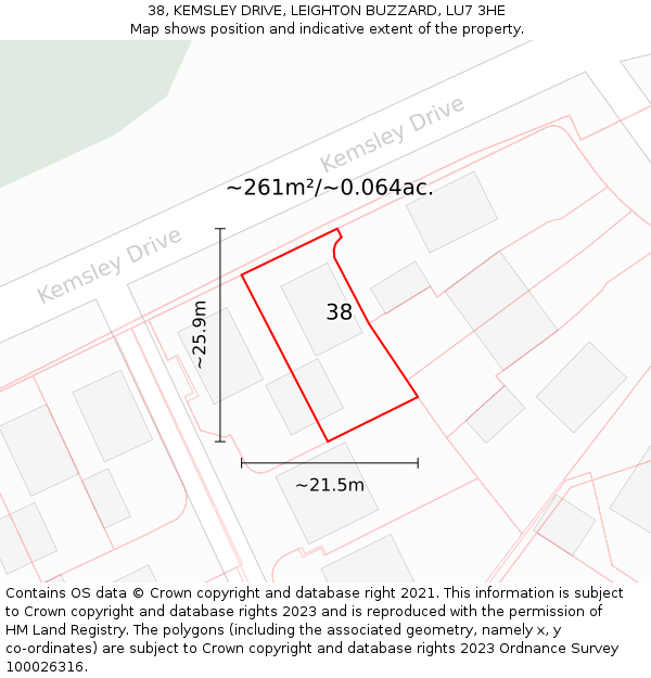 38, KEMSLEY DRIVE, LEIGHTON BUZZARD, LU7 3HE: Plot and title map