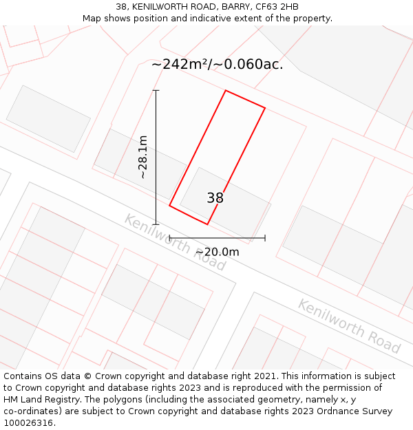 38, KENILWORTH ROAD, BARRY, CF63 2HB: Plot and title map