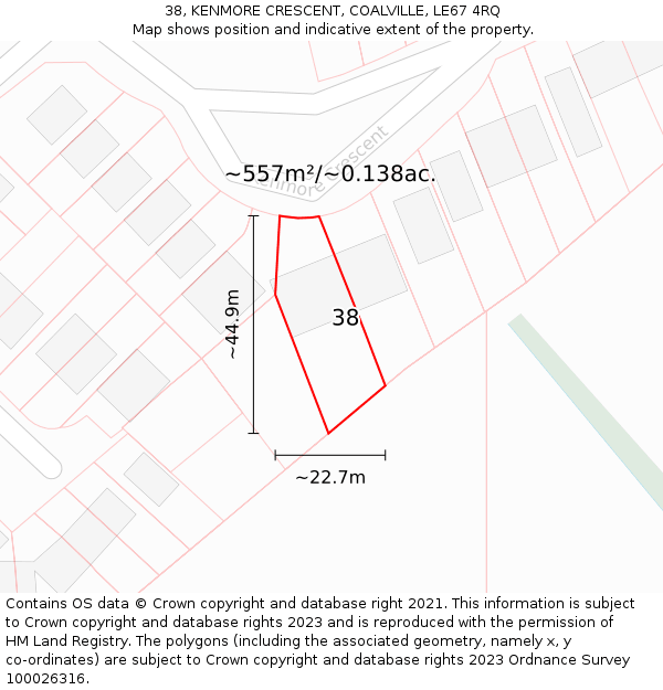38, KENMORE CRESCENT, COALVILLE, LE67 4RQ: Plot and title map