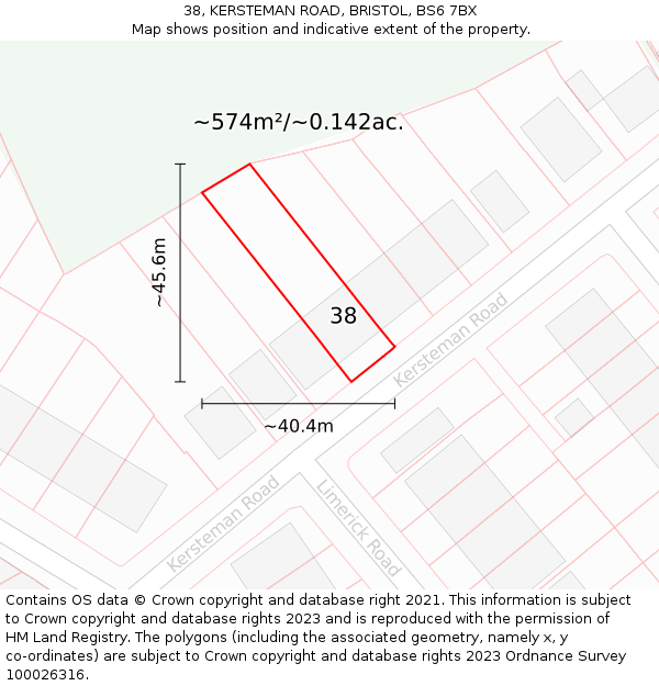 38, KERSTEMAN ROAD, BRISTOL, BS6 7BX: Plot and title map