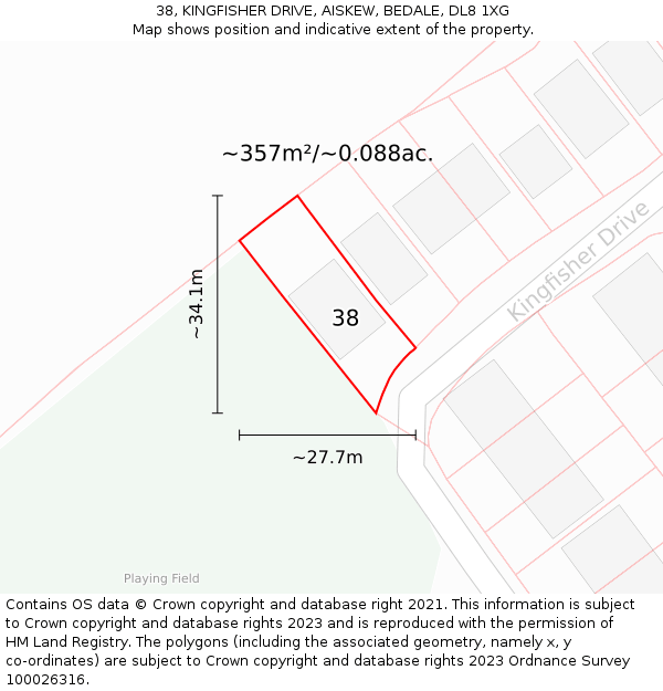 38, KINGFISHER DRIVE, AISKEW, BEDALE, DL8 1XG: Plot and title map