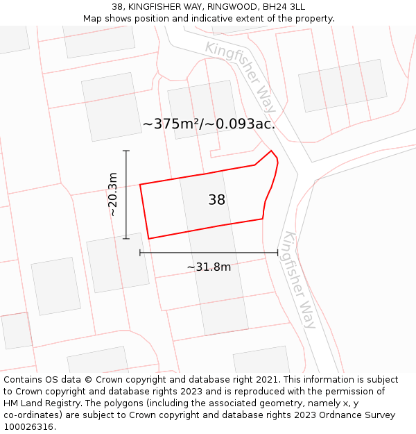 38, KINGFISHER WAY, RINGWOOD, BH24 3LL: Plot and title map