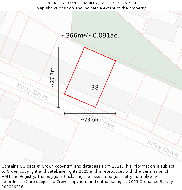 38, KIRBY DRIVE, BRAMLEY, TADLEY, RG26 5FN: Plot and title map