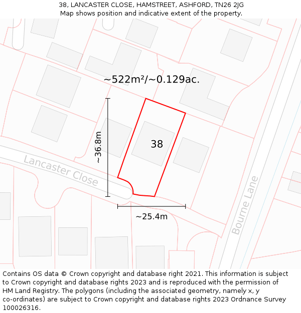 38, LANCASTER CLOSE, HAMSTREET, ASHFORD, TN26 2JG: Plot and title map