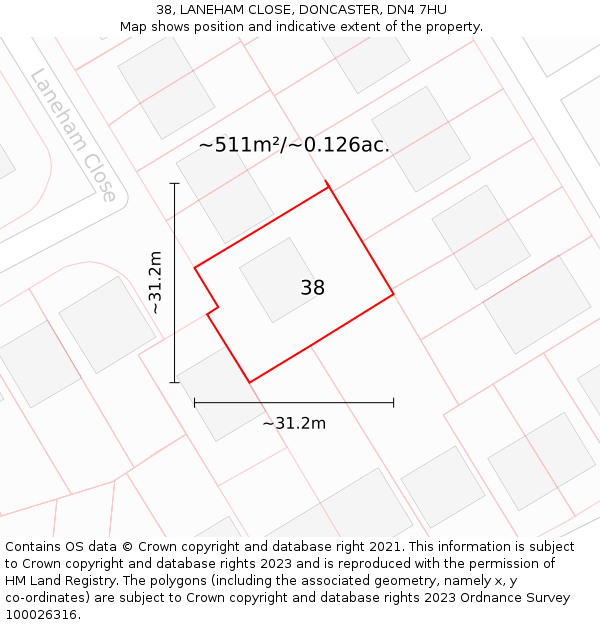 38, LANEHAM CLOSE, DONCASTER, DN4 7HU: Plot and title map