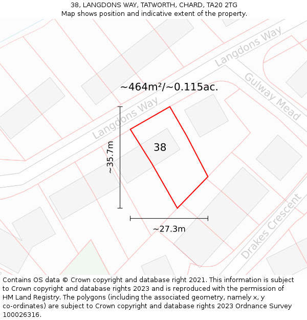 38, LANGDONS WAY, TATWORTH, CHARD, TA20 2TG: Plot and title map