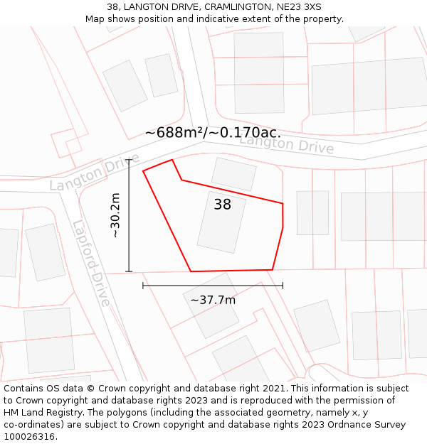 38, LANGTON DRIVE, CRAMLINGTON, NE23 3XS: Plot and title map