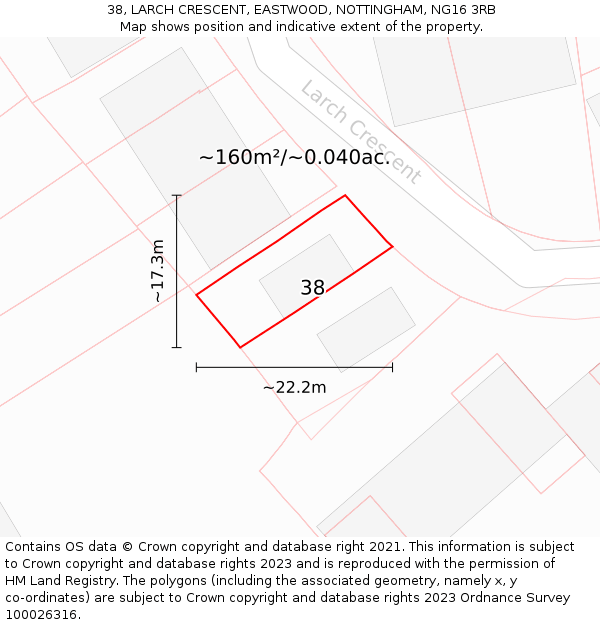 38, LARCH CRESCENT, EASTWOOD, NOTTINGHAM, NG16 3RB: Plot and title map