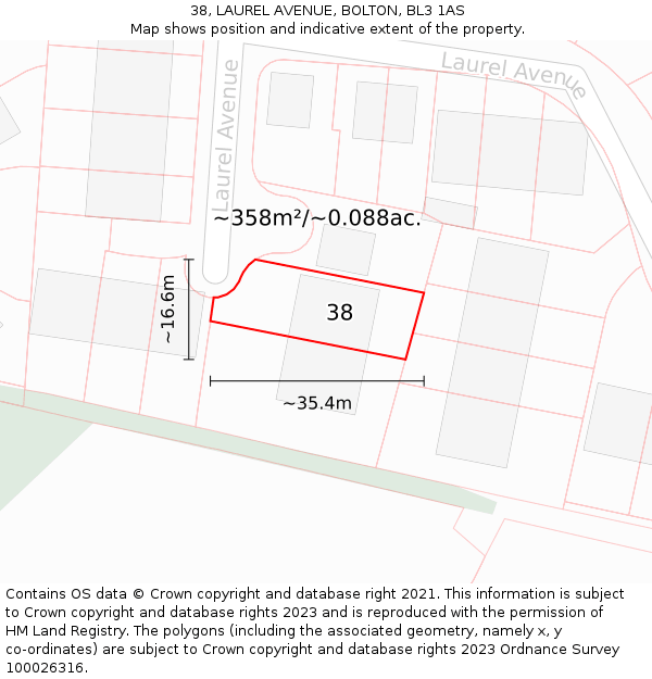 38, LAUREL AVENUE, BOLTON, BL3 1AS: Plot and title map