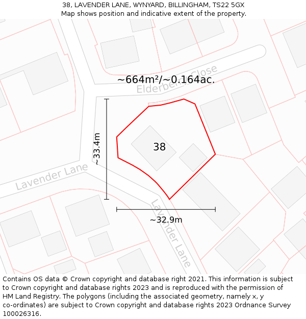 38, LAVENDER LANE, WYNYARD, BILLINGHAM, TS22 5GX: Plot and title map