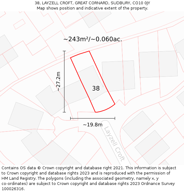 38, LAYZELL CROFT, GREAT CORNARD, SUDBURY, CO10 0JY: Plot and title map