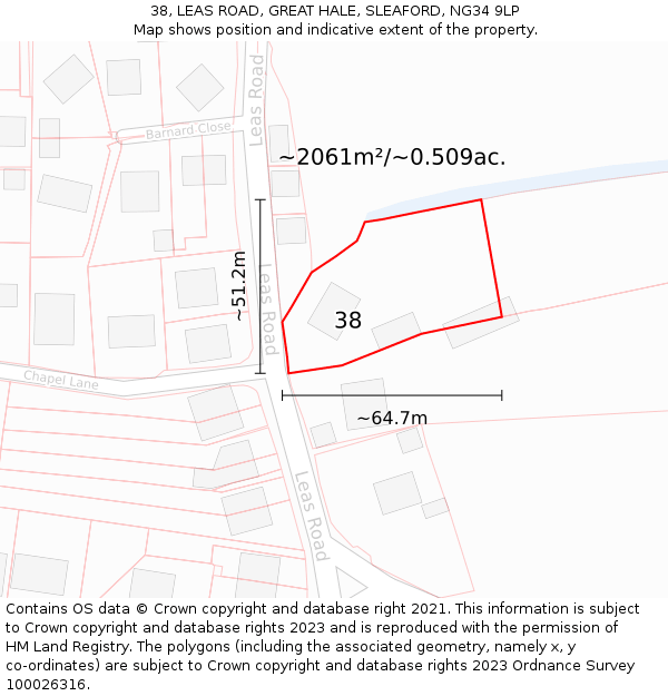 38, LEAS ROAD, GREAT HALE, SLEAFORD, NG34 9LP: Plot and title map