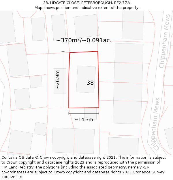 38, LIDGATE CLOSE, PETERBOROUGH, PE2 7ZA: Plot and title map