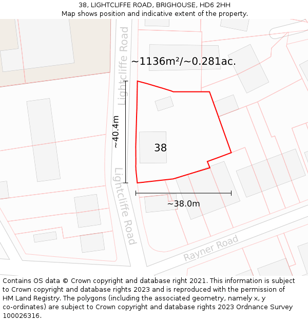 38, LIGHTCLIFFE ROAD, BRIGHOUSE, HD6 2HH: Plot and title map