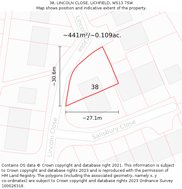 38, LINCOLN CLOSE, LICHFIELD, WS13 7SW: Plot and title map