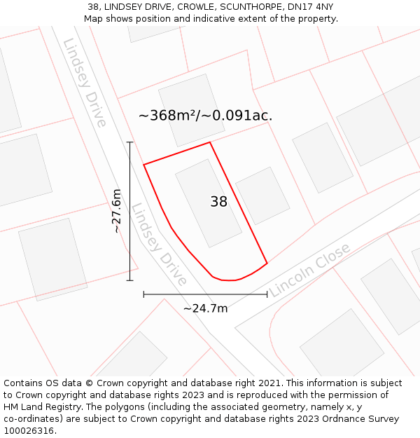 38, LINDSEY DRIVE, CROWLE, SCUNTHORPE, DN17 4NY: Plot and title map