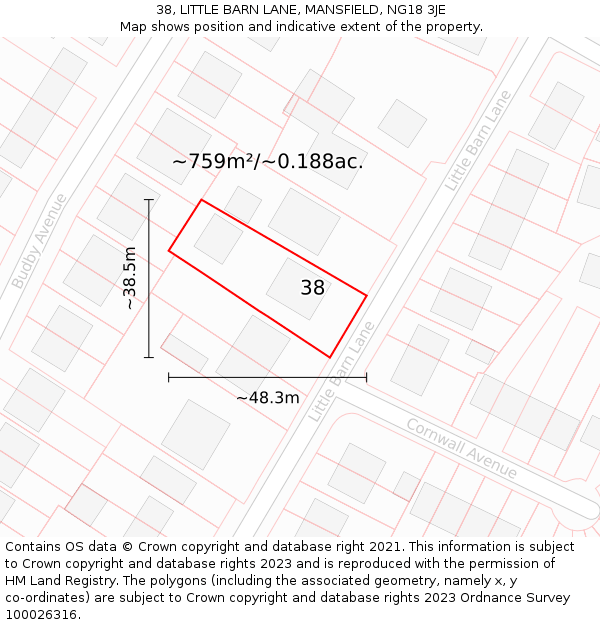 38, LITTLE BARN LANE, MANSFIELD, NG18 3JE: Plot and title map