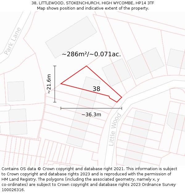 38, LITTLEWOOD, STOKENCHURCH, HIGH WYCOMBE, HP14 3TF: Plot and title map