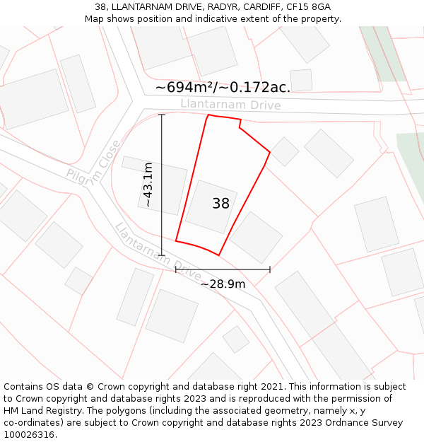 38, LLANTARNAM DRIVE, RADYR, CARDIFF, CF15 8GA: Plot and title map