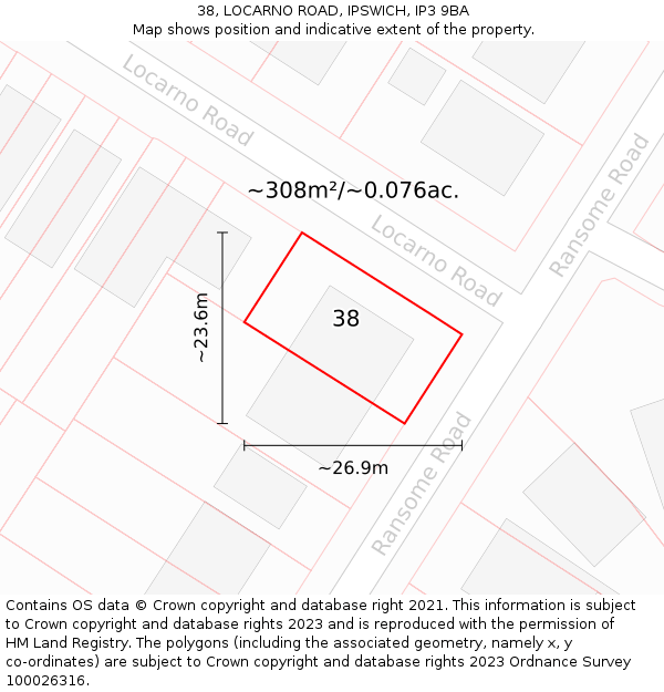 38, LOCARNO ROAD, IPSWICH, IP3 9BA: Plot and title map