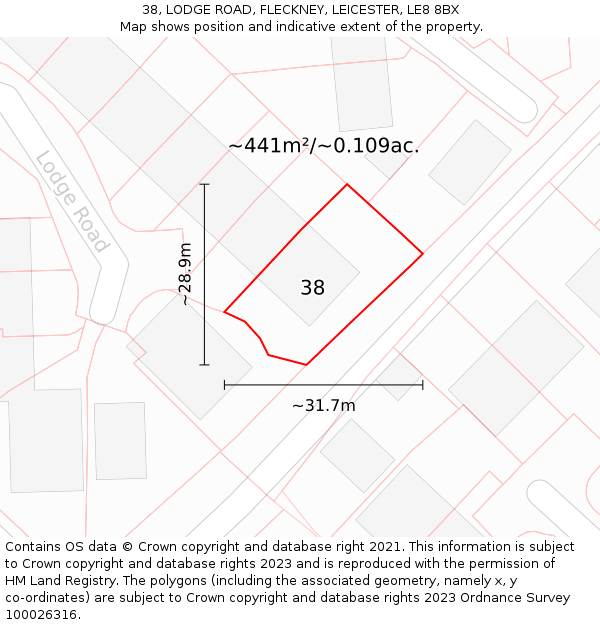 38, LODGE ROAD, FLECKNEY, LEICESTER, LE8 8BX: Plot and title map