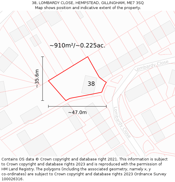 38, LOMBARDY CLOSE, HEMPSTEAD, GILLINGHAM, ME7 3SQ: Plot and title map