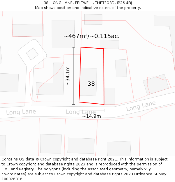 38, LONG LANE, FELTWELL, THETFORD, IP26 4BJ: Plot and title map