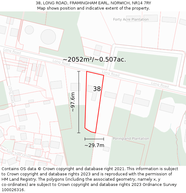 38, LONG ROAD, FRAMINGHAM EARL, NORWICH, NR14 7RY: Plot and title map