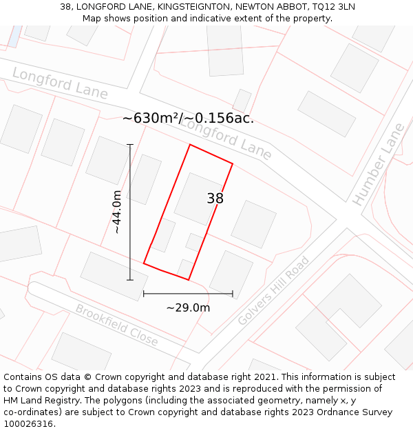38, LONGFORD LANE, KINGSTEIGNTON, NEWTON ABBOT, TQ12 3LN: Plot and title map