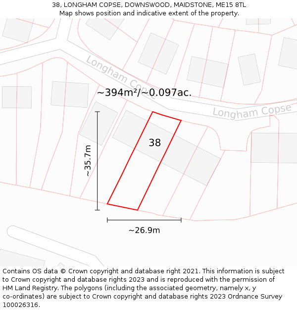 38, LONGHAM COPSE, DOWNSWOOD, MAIDSTONE, ME15 8TL: Plot and title map