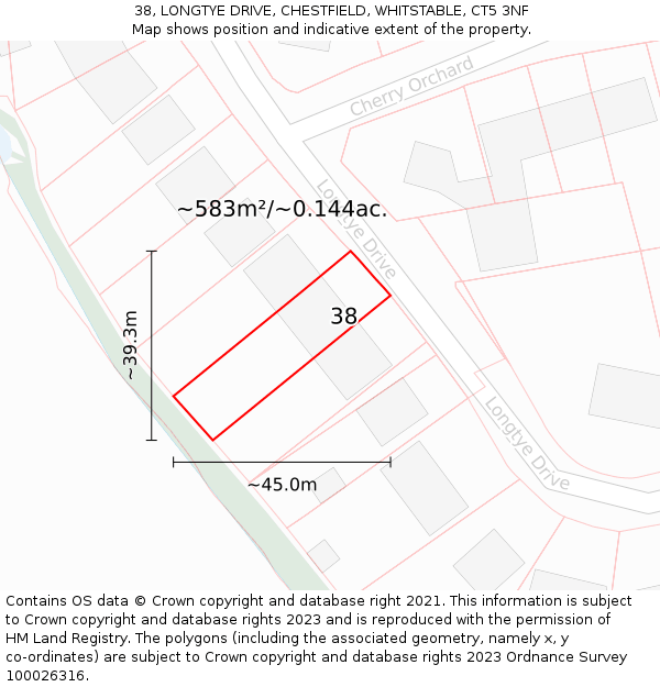 38, LONGTYE DRIVE, CHESTFIELD, WHITSTABLE, CT5 3NF: Plot and title map