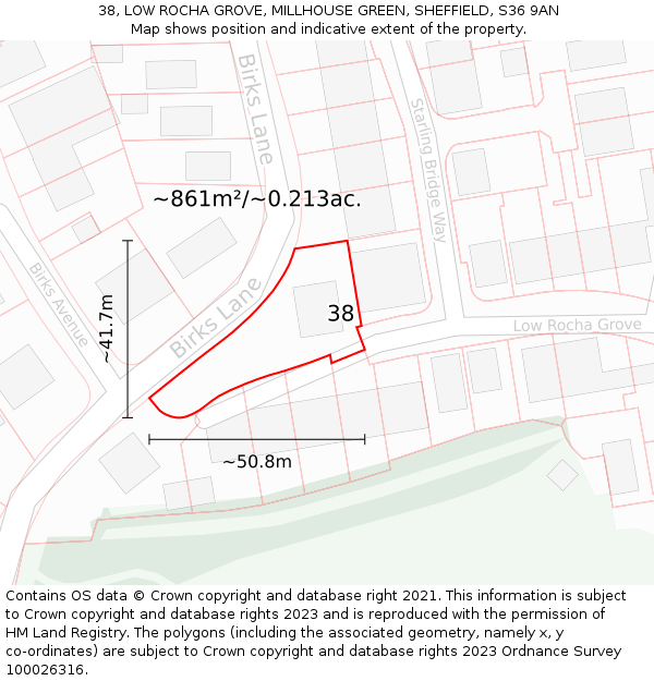 38, LOW ROCHA GROVE, MILLHOUSE GREEN, SHEFFIELD, S36 9AN: Plot and title map