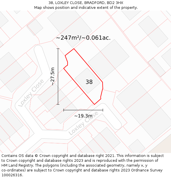 38, LOXLEY CLOSE, BRADFORD, BD2 3HX: Plot and title map