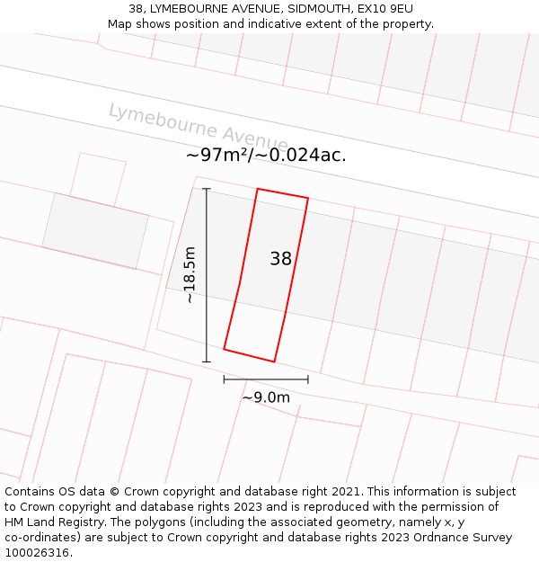 38, LYMEBOURNE AVENUE, SIDMOUTH, EX10 9EU: Plot and title map