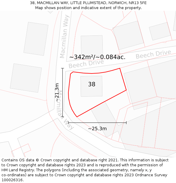 38, MACMILLAN WAY, LITTLE PLUMSTEAD, NORWICH, NR13 5FE: Plot and title map