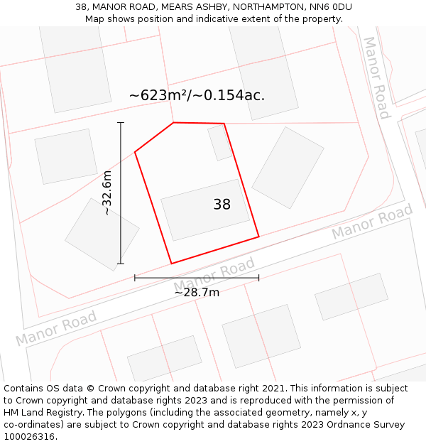 38, MANOR ROAD, MEARS ASHBY, NORTHAMPTON, NN6 0DU: Plot and title map