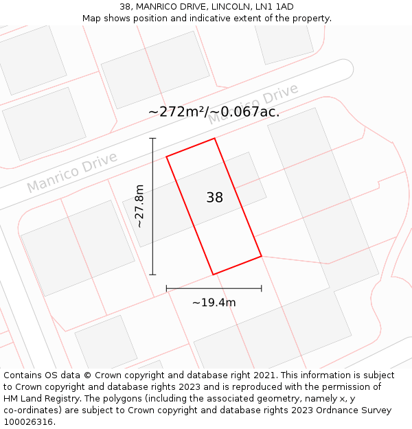 38, MANRICO DRIVE, LINCOLN, LN1 1AD: Plot and title map