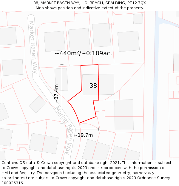 38, MARKET RASEN WAY, HOLBEACH, SPALDING, PE12 7QX: Plot and title map