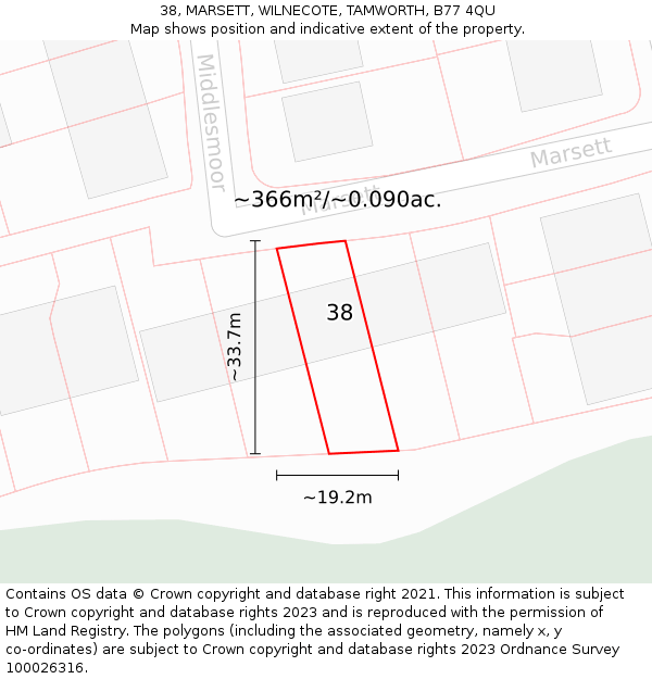 38, MARSETT, WILNECOTE, TAMWORTH, B77 4QU: Plot and title map