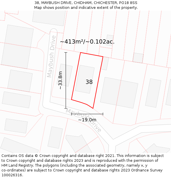 38, MAYBUSH DRIVE, CHIDHAM, CHICHESTER, PO18 8SS: Plot and title map