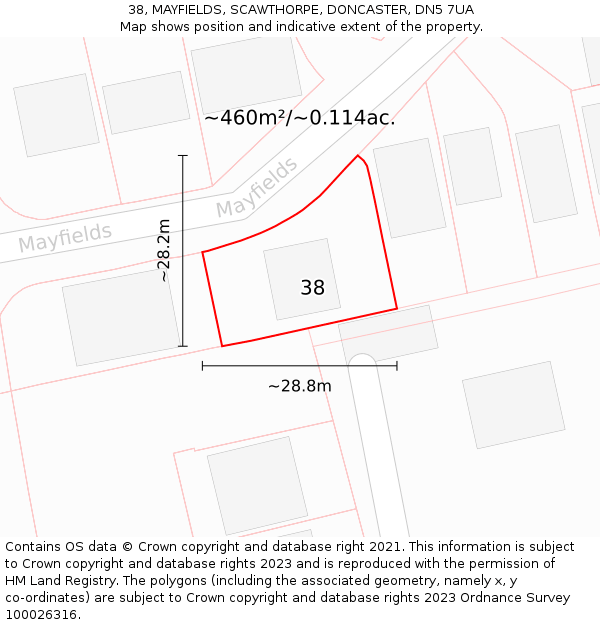 38, MAYFIELDS, SCAWTHORPE, DONCASTER, DN5 7UA: Plot and title map