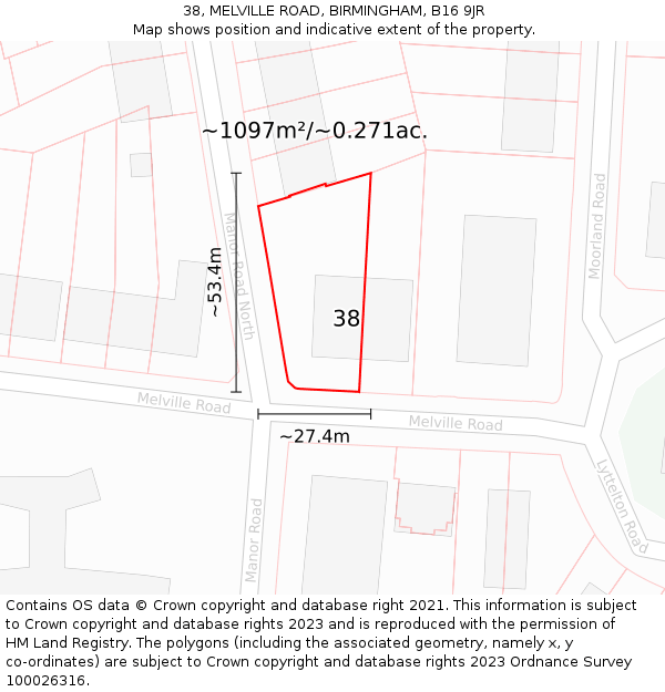 38, MELVILLE ROAD, BIRMINGHAM, B16 9JR: Plot and title map