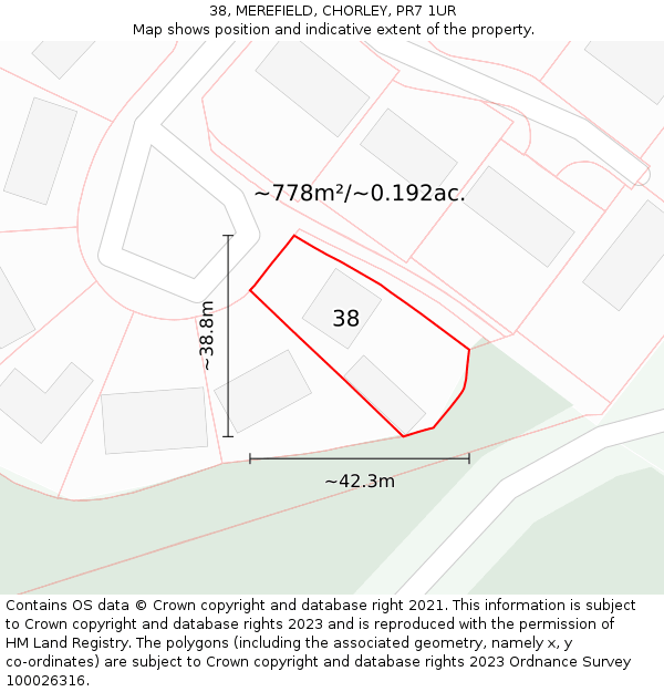 38, MEREFIELD, CHORLEY, PR7 1UR: Plot and title map