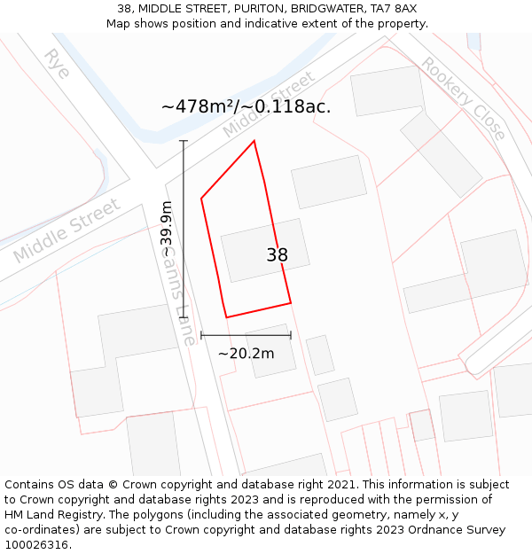 38, MIDDLE STREET, PURITON, BRIDGWATER, TA7 8AX: Plot and title map