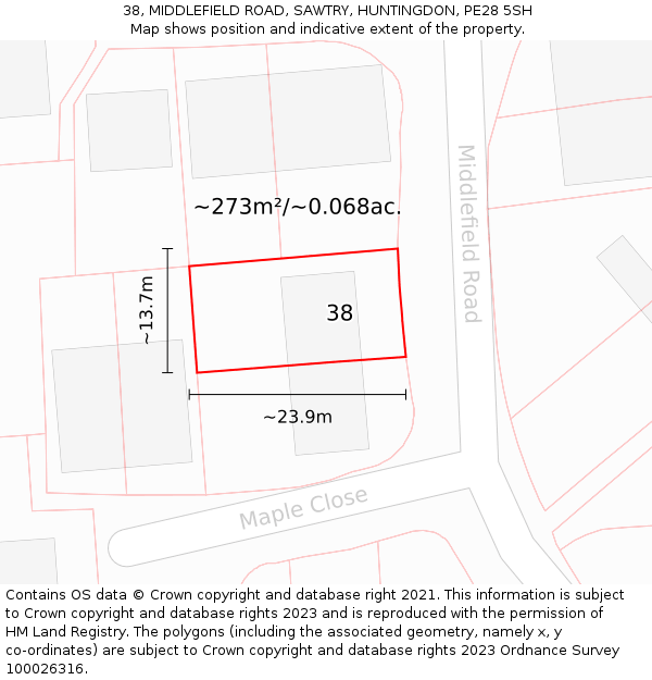 38, MIDDLEFIELD ROAD, SAWTRY, HUNTINGDON, PE28 5SH: Plot and title map